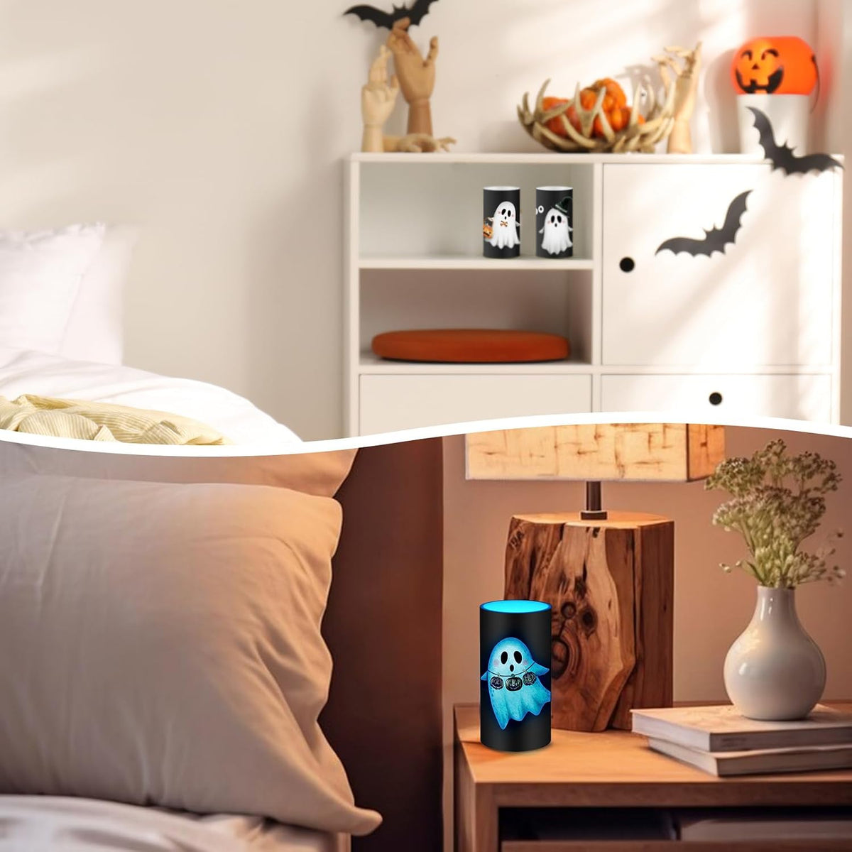 Halloween Ghost Flameless Candles Halloween Boo Ghost Decorations Candles Battery Operated Candles for Home Decor Boo Basket Gift