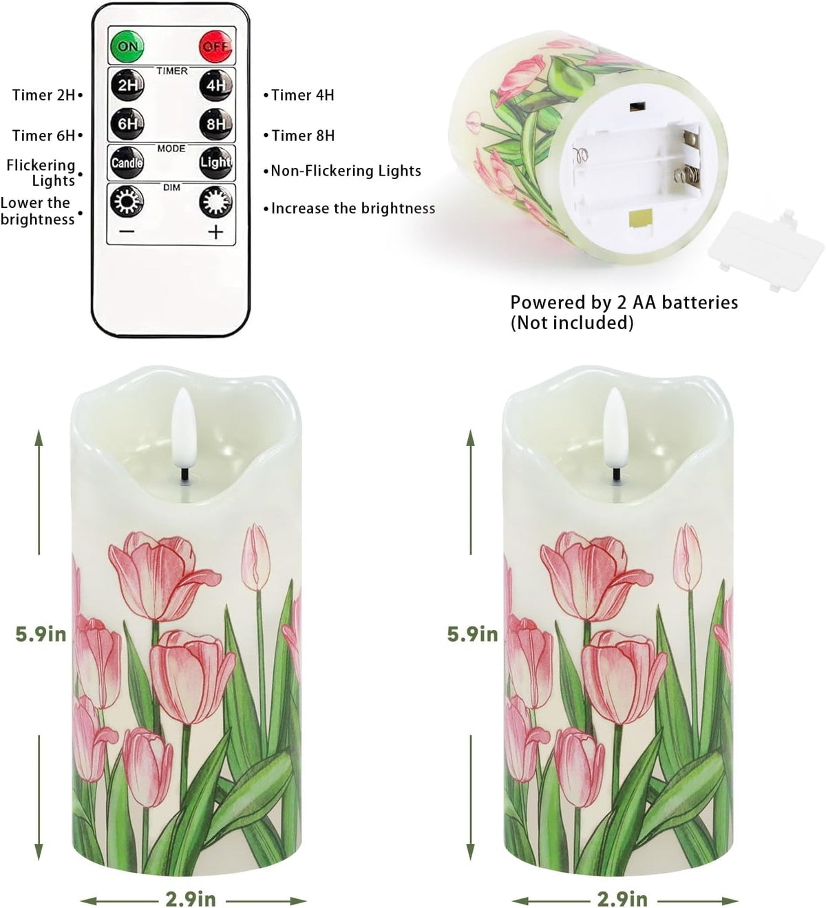 Tulip Flameless Candles Set of 2, 6"X3" Spring Candles with Remote & Timer | Flickering Real Wax Pillar Candles Battery Operated, Dimmable Electric LED Candles Light for Mother'S Day Spring Easter Decor