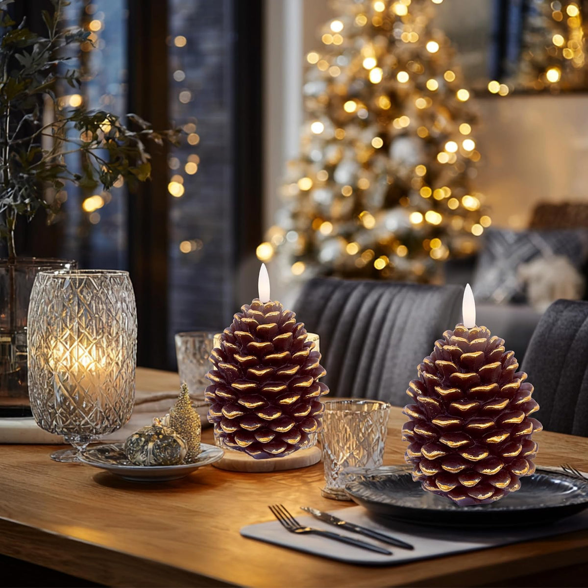 Pine Cone Candles, 2 Pack Flameless LED Wax Timer (Golden Brown) | Flameless LED Pine Cone Candles with Remote & Timer – Real Wax, Flickering Flame, Christmas & Fall Decor