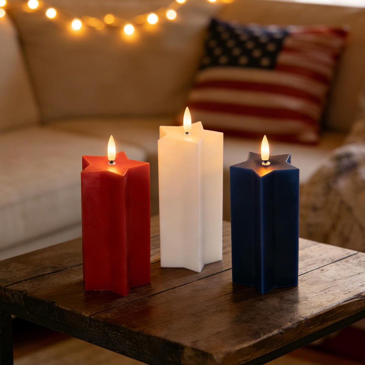 4Th of July Flameless Candles with Remote, Red White and Blue LED Candles | Battery Operated Patriotic Decorative Candles, Star Shaped, Real Wax, for Independence Day Home Party Decor, Set of 3