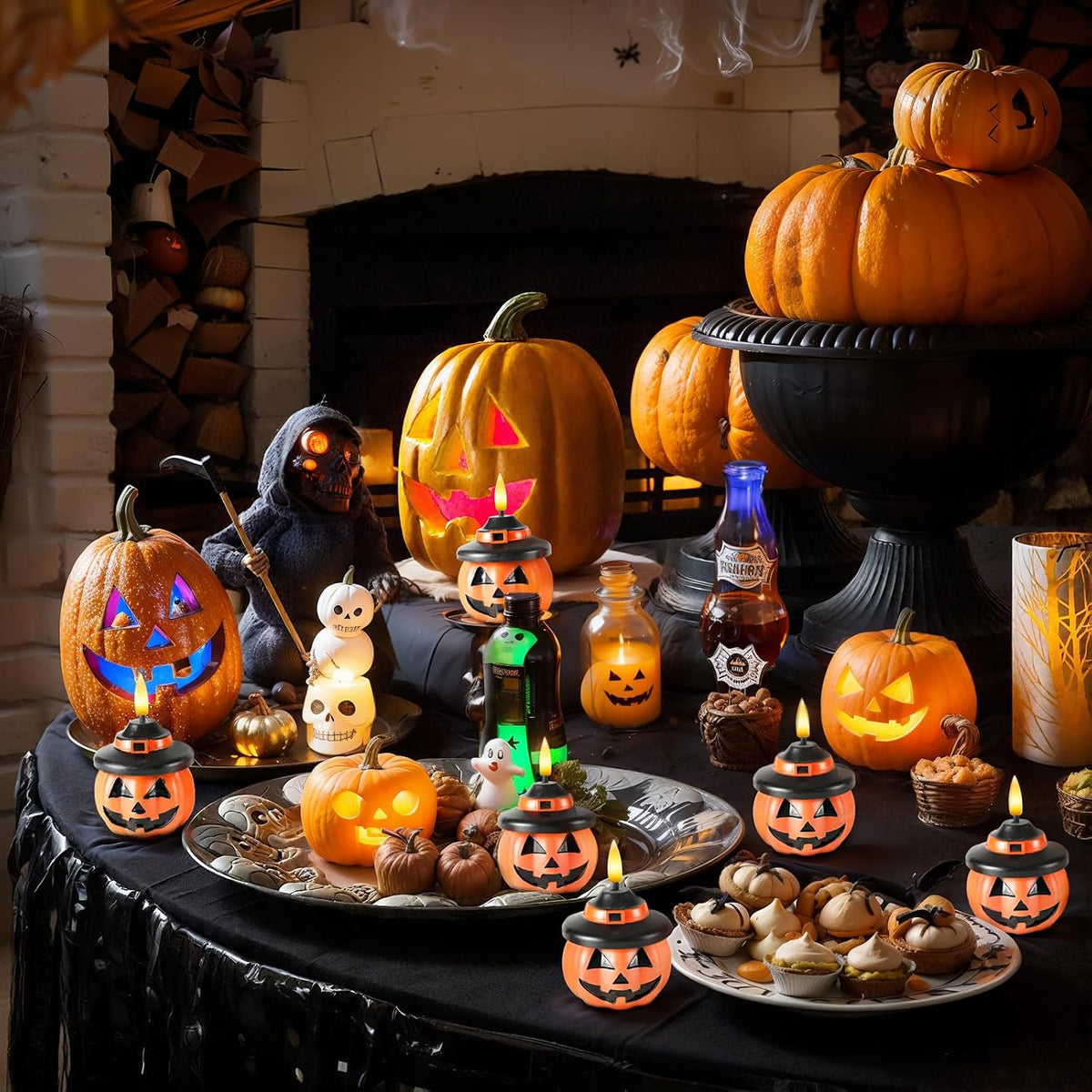 Real Wax Pumpkin Candles, 4 Pcs Flickering Flameless Candles with 6Hrs Timer, LED Halloween Pumpkin Lamp, Battery Operated Lights for Home Halloween Decor, Theme Party, Orange