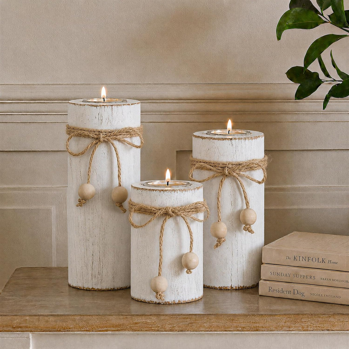 White Wooden Candle Holder with Flameless LED Candles Modern Boho Decor 3P | Farmhouse Centerpieces for Table 3-Pack with Battery Operated for Candles Holiday Party Home Decor