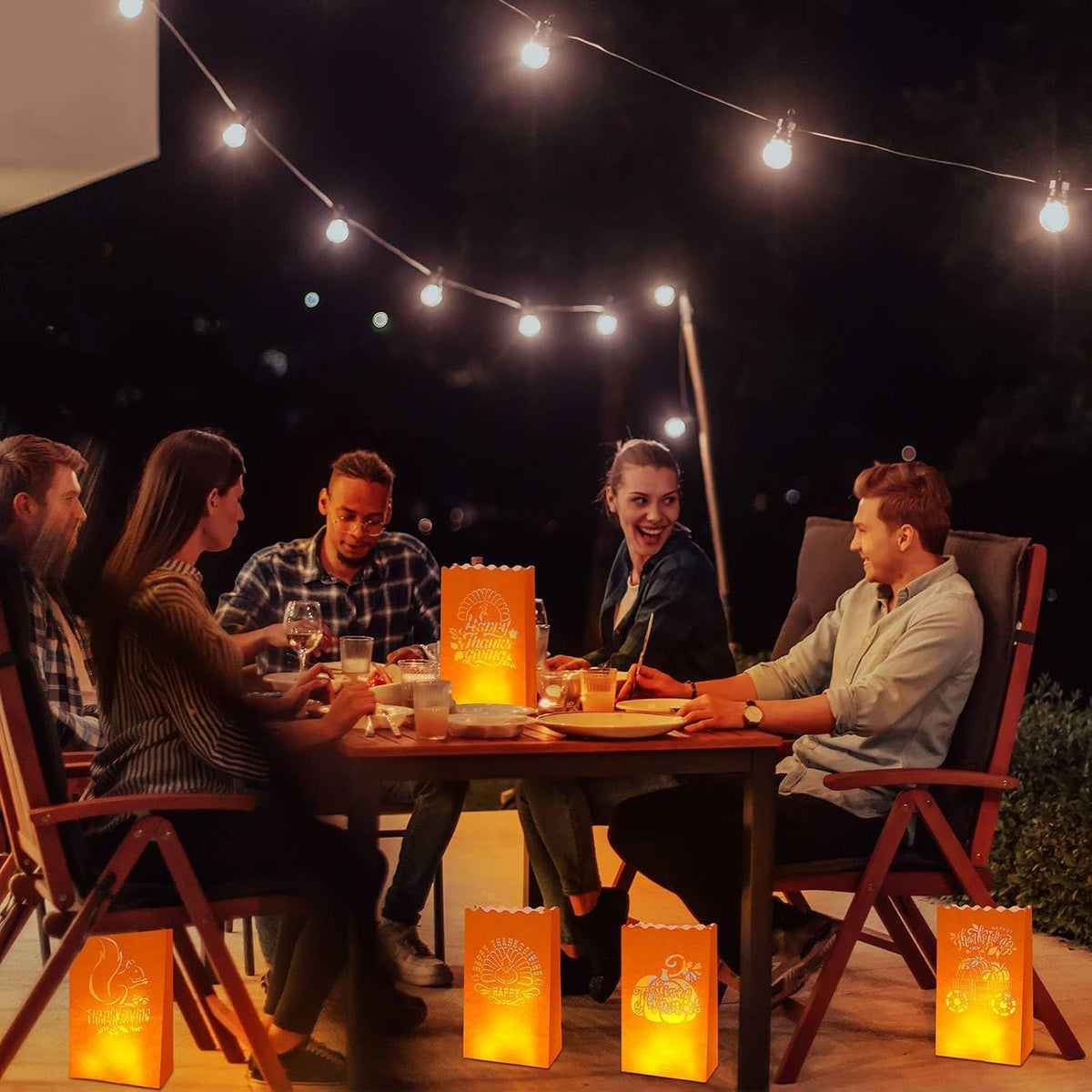 24 Thanksgiving Luminary Bags with LED Lights, 6 Designs Orange | Flame Resistant Paper Lantern for Party, Includes Flameless Candles, Squirrel Turkey Pumpkin Maple Leaf Autumn Patterns