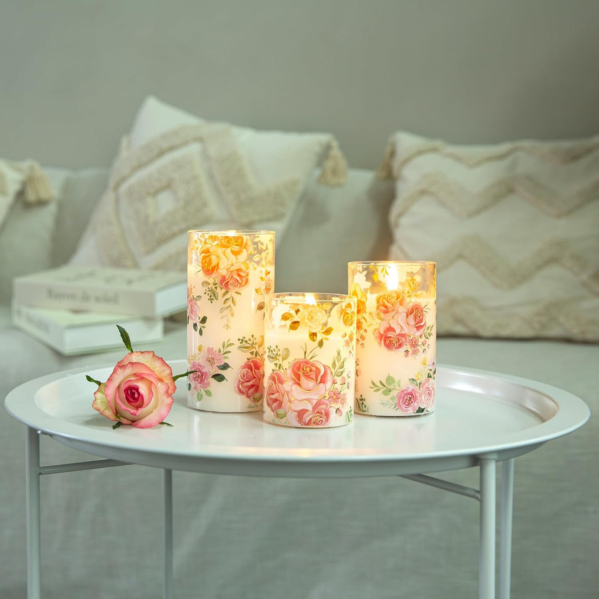 Flameless Rose Candles Glass, Pink Floral Battery Remote Candles | Romantic Pink Rose LED Candles Set of 3, Valentine'S Day Fake Battery Candles Gift Home Table Mantel Decor
