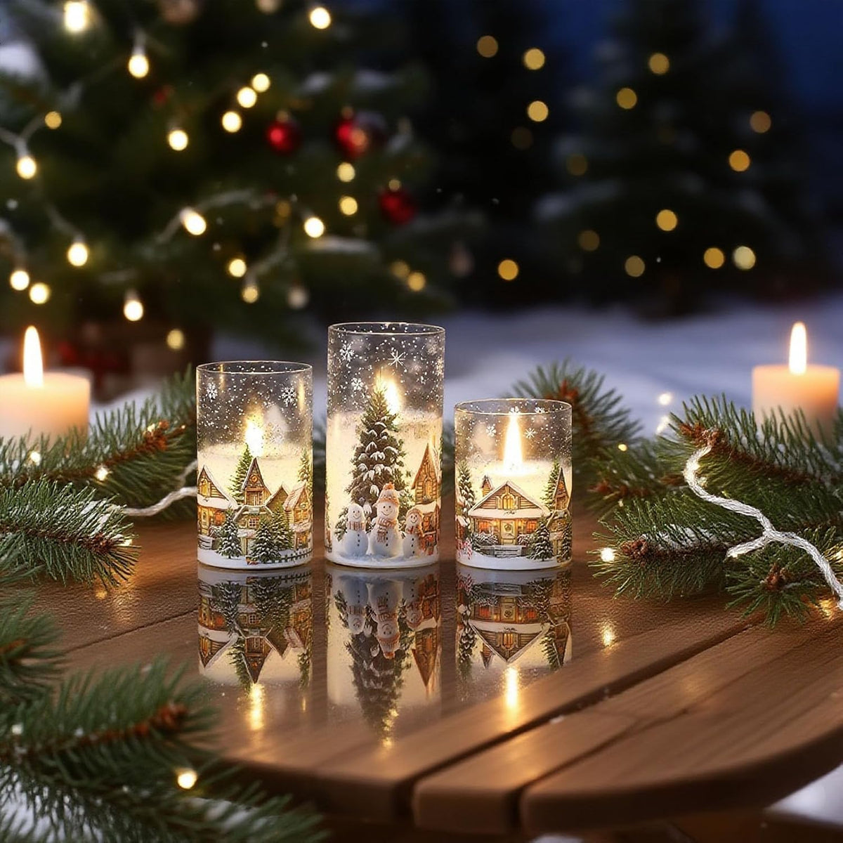 Snowman House Glass Flameless Candle Battery Operated Remote Timer | LED Flickering Pillar Long Lasting, Real Wax Cold White Light, Dinner Window Christmas Holiday Decor, 3"Dx 4",5",6"H, 3 Pack