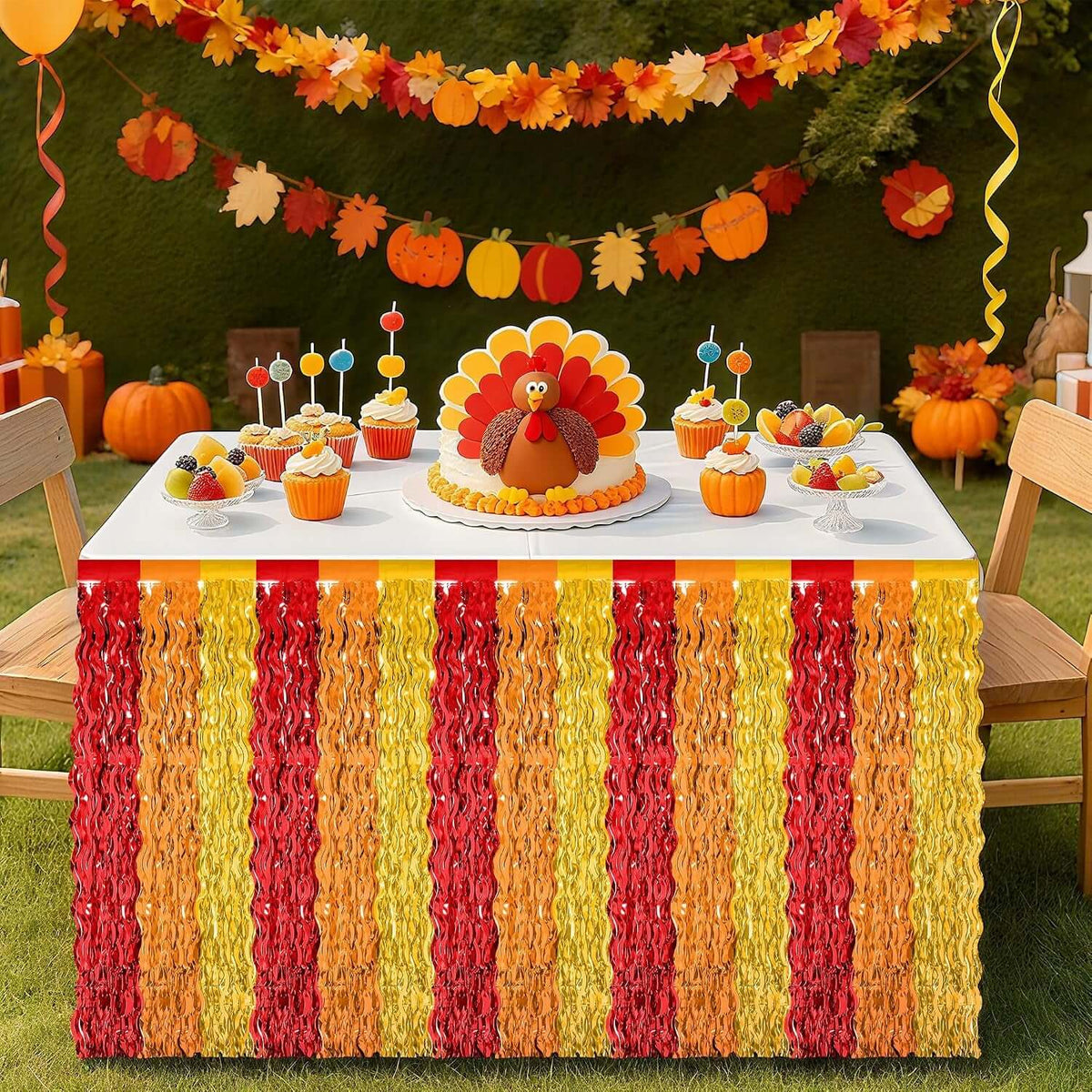 Thanksgiving Table Skirt Decor, 2 Pack Red Orange Gold Desk Skirts Decorations, Metallic Thanksgiving Wavy Tinsel Foil Fringe Table Skirts, Foli Table Skirt for Fall Holiday Party Backdrop Decor