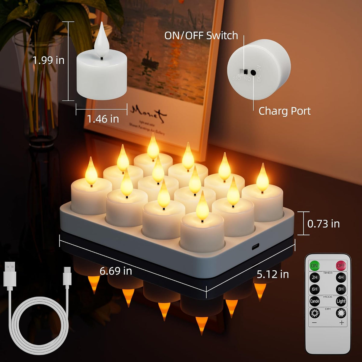 Rechargeable Flameless Tea Lights Candles with Remote Charging Base 12Pcs | Battery Operated Tea Light with Timer, LED Flickering, Votive Tealight for Christmas Halloween Wedding Decor