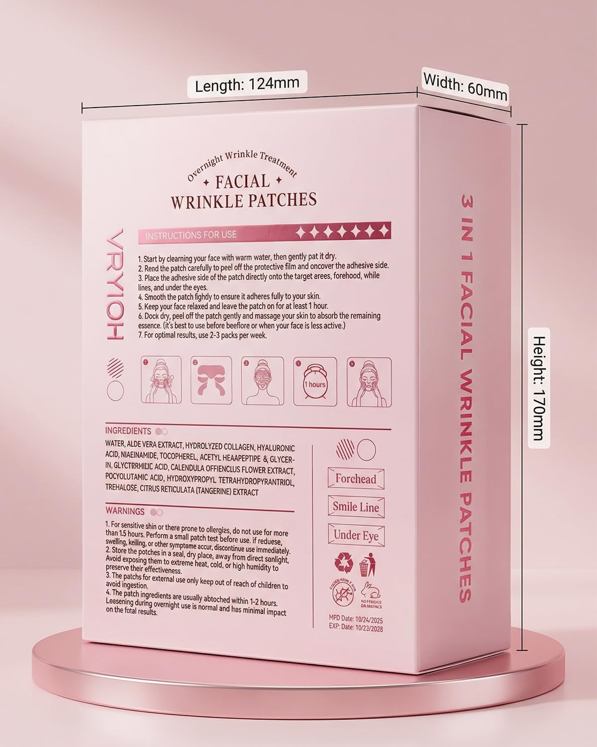 3 in 1 Facial Wrinkle Patches, Forehead & Smile Lines Patches with Collagen, Hyaluronic Acid & Niacinamide, Overnight under Eye Hydrogel Treatment to Smooth Fine Lines, 60 Patches
