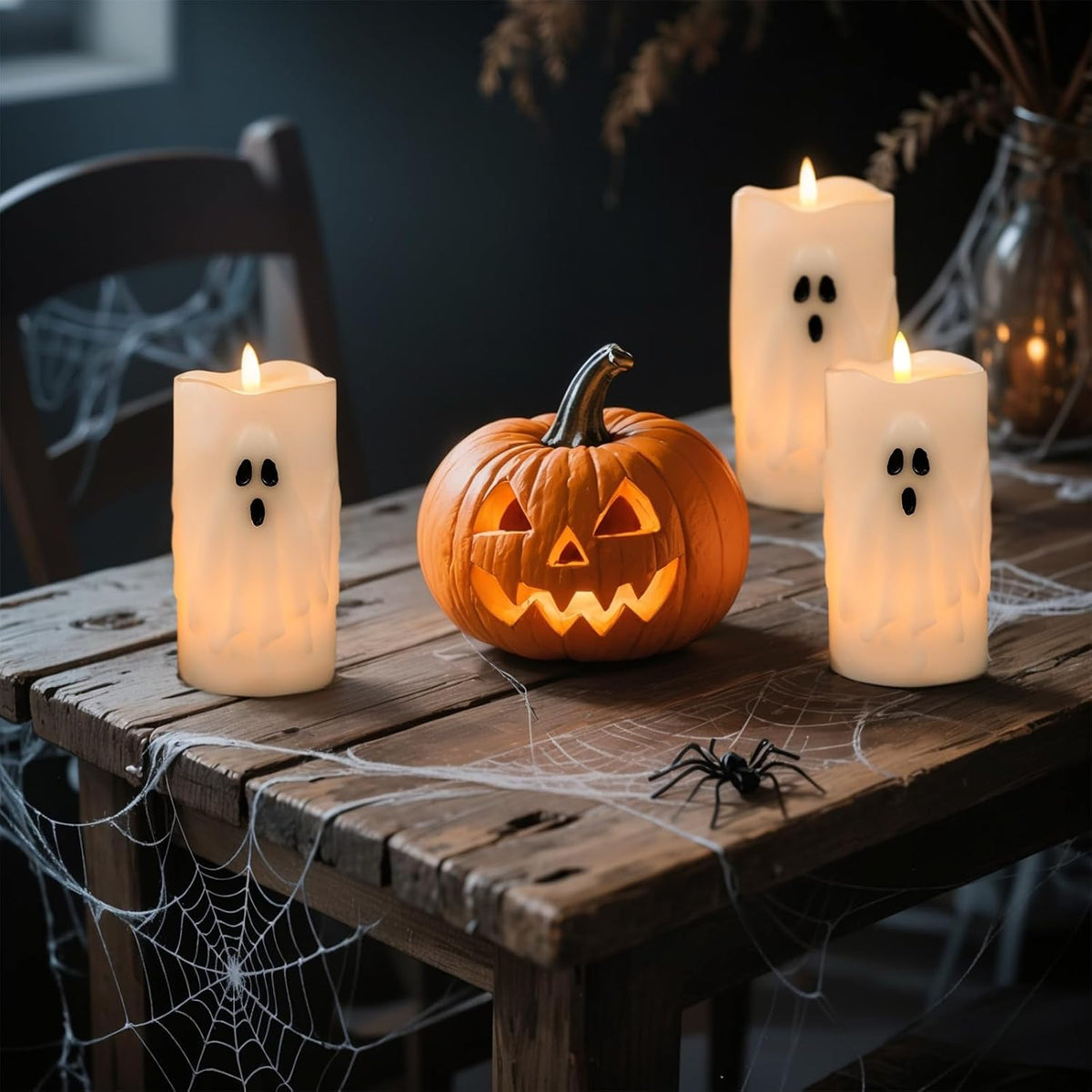 Halloween Ghost Flameless LED Pillar Candles with Remote Timer | Realistic 3D Wick Flickering, Real Wax Ghost Relief Long Lasting, Cute Spooky Halloween Indoor Decor, 3"D X 6.5"H, 2 Pack