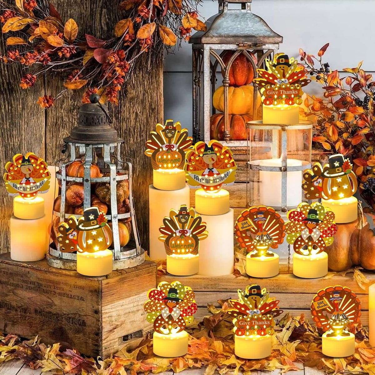 12 PCS Turkey Tea Lights Candles Thanksgiving Flameless Tealight Candles | Battery Operated LED Flameless Candles, Thanksgiving Table Decorations Centerpieces for Home Kitchen Indoor Party Fall Decor