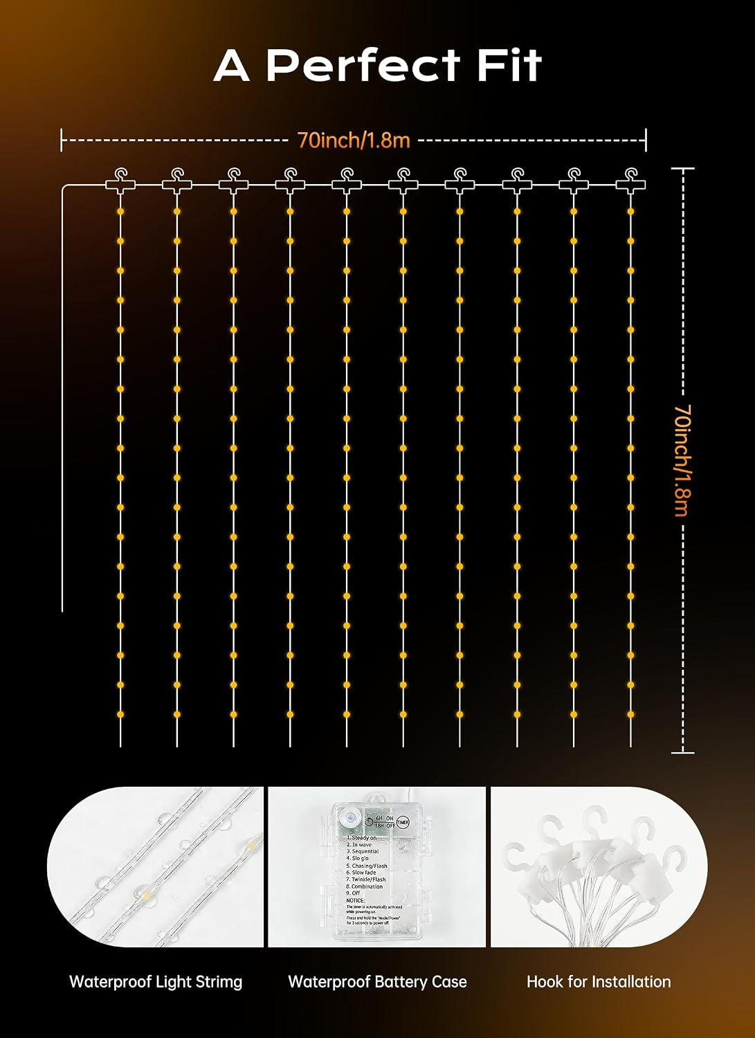 180 LED Shower Curtain Lights, 70 Inch Warm White IP65 Waterproof | 8 Modes Warm White Battery Operated Fairy String Lights for Bathroom Spa Mood Lighting for Dark Bathrooms and Outdoor Decor