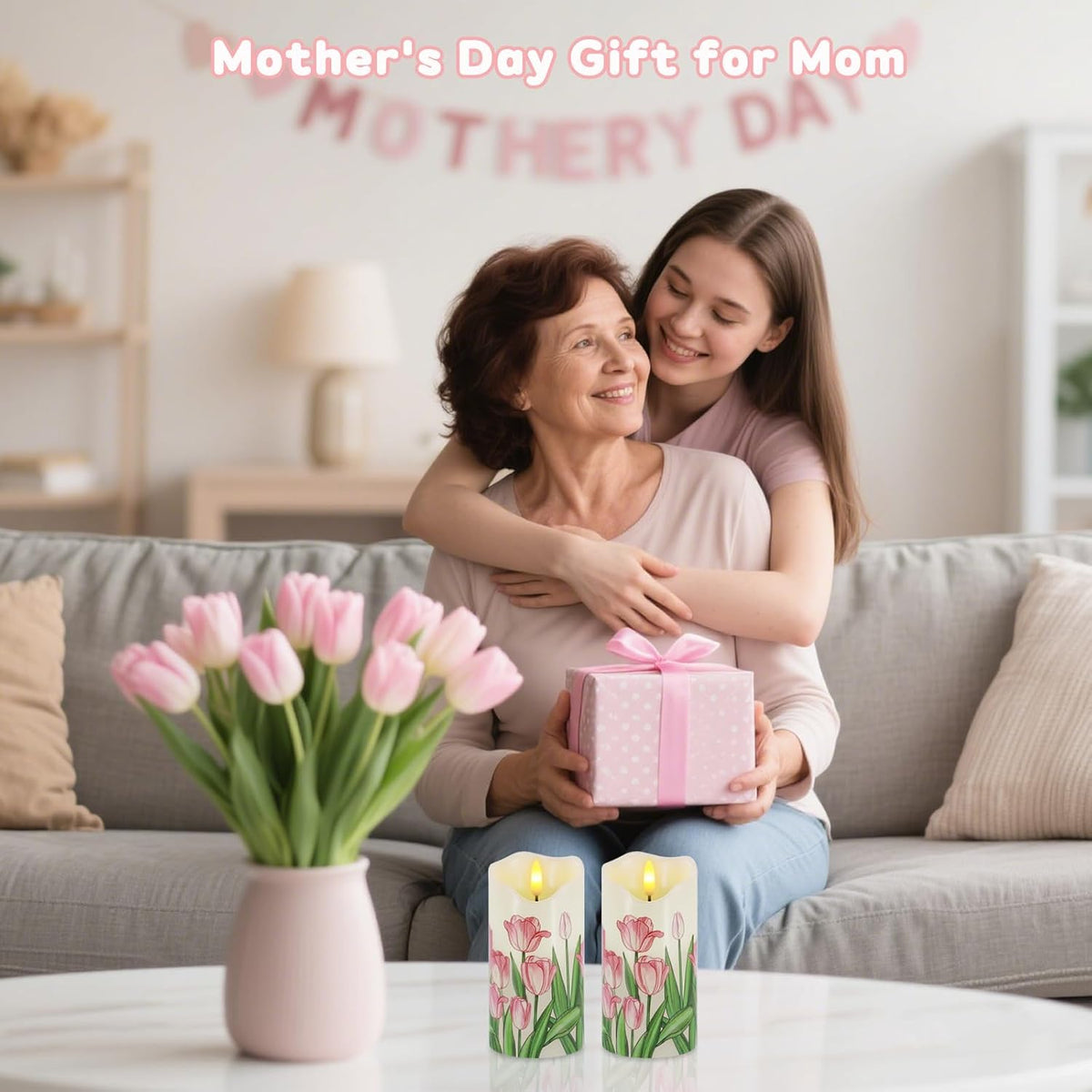 Tulip Flameless Candles Set of 2, 6"X3" Spring Candles with Remote & Timer | Flickering Real Wax Pillar Candles Battery Operated, Dimmable Electric LED Candles Light for Mother'S Day Spring Easter Decor