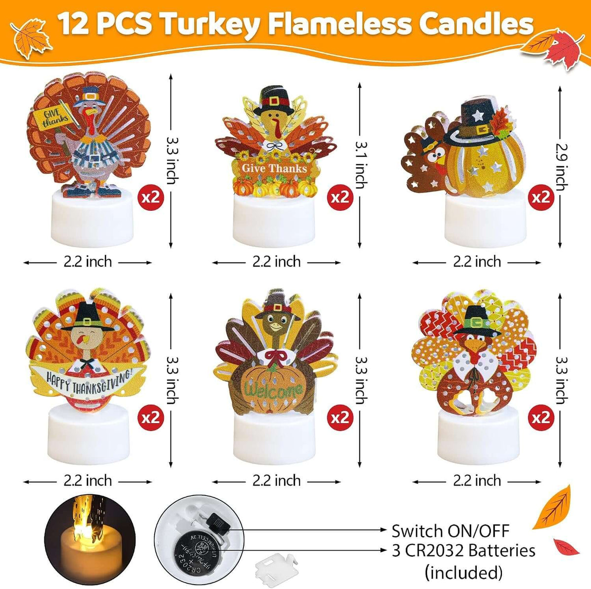 12 PCS Turkey Tea Lights Candles Thanksgiving Flameless Tealight Candles | Battery Operated LED Flameless Candles, Thanksgiving Table Decorations Centerpieces for Home Kitchen Indoor Party Fall Decor