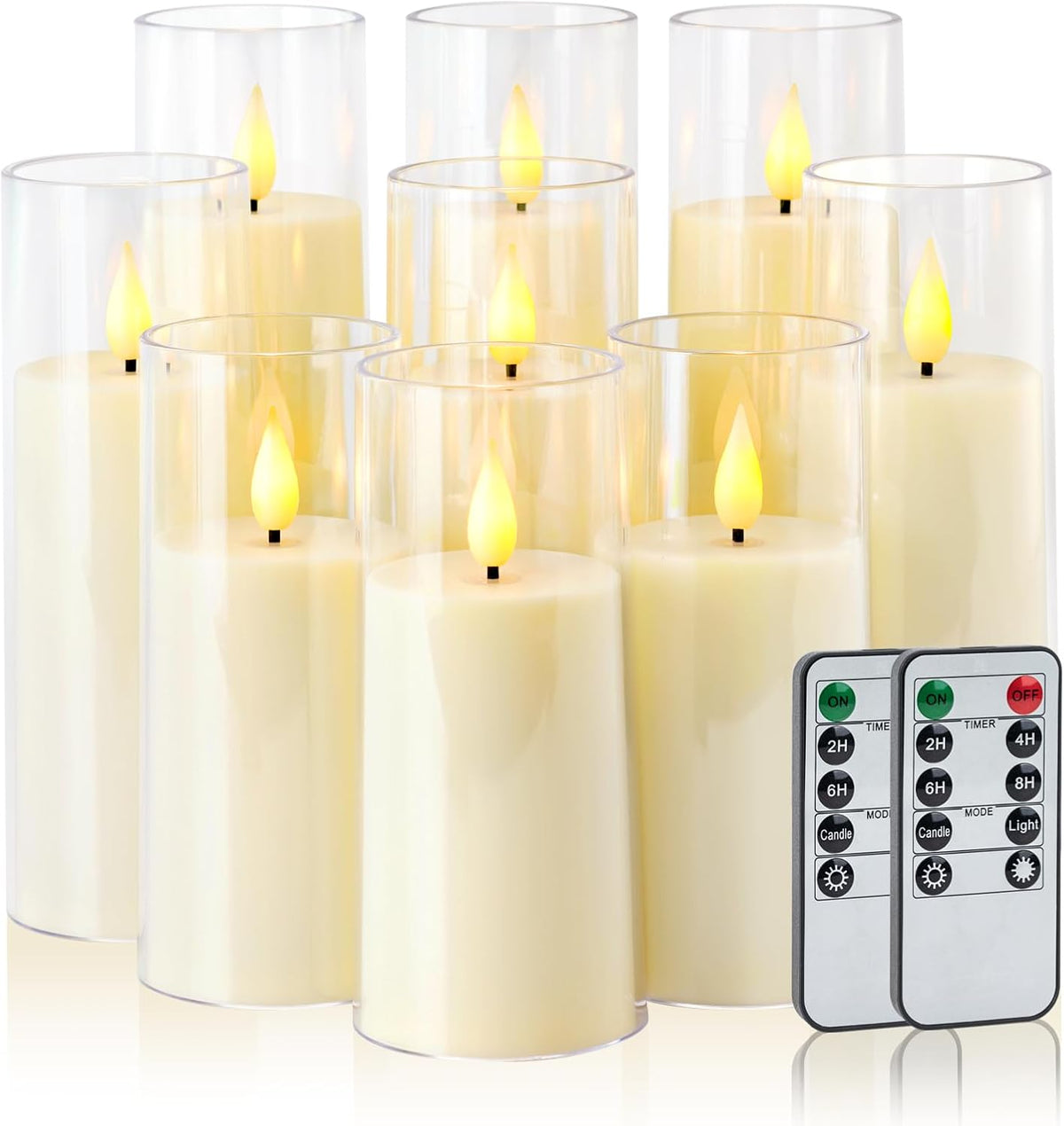 Ivory Flameless Candles with Remote, Battery Operated Candles with Timer, Acrylic Plexiglass Flickering LED Fake Candle for Wedding, Holiday, Home Decor, Set of 9, D2.2 X H5 6" 7" | Pure White Acrylic Candles with Remote Timer, 3D Wick Flickering Glow, Yellow & Blue Light, D2.2"X5.5/6.5/7.5" for Home Decor