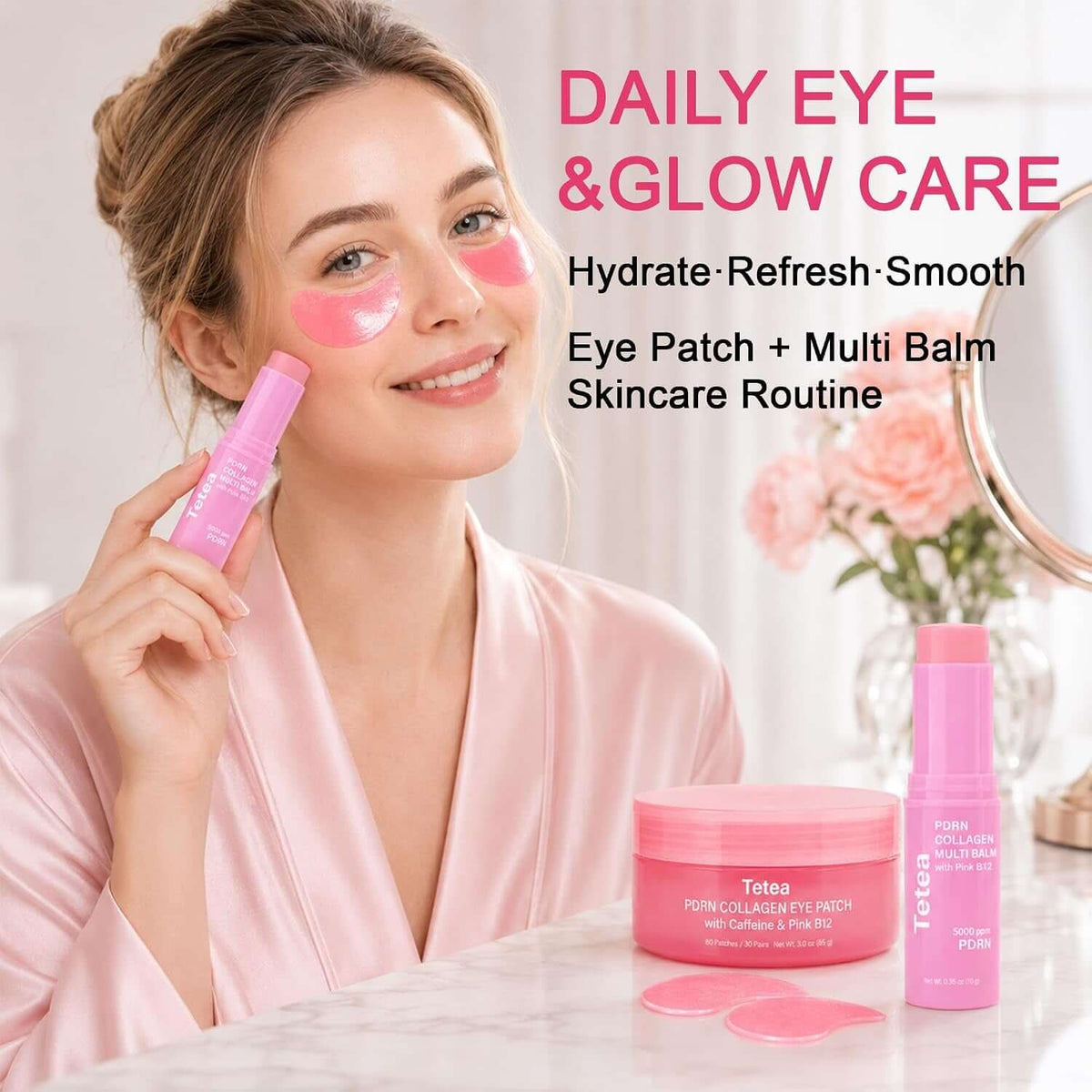 PDRN Pink Collagen Multi Balm Stick & under Eye Patch Set, 0.32 Oz | Caffeine and Pink B12, Hydrating Care, for under Eyes, Face, Neck and Lips, 60 Eye Patches