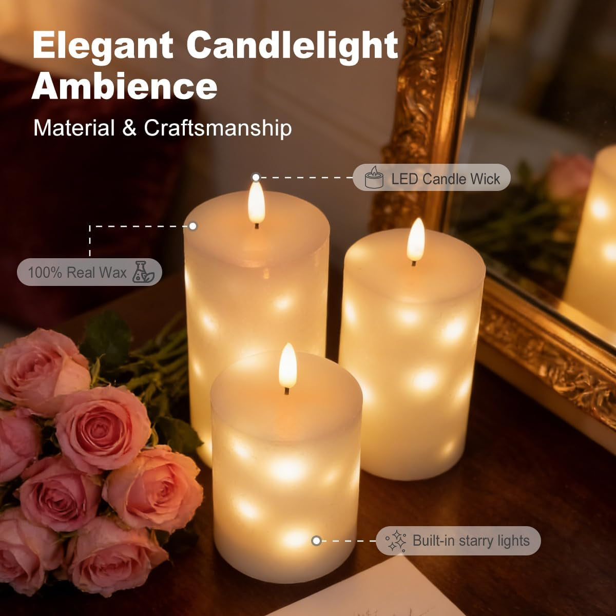Rechargeable Glass LED Flameless Candles, Embedded Star String Flickering Flameless Candles for Romantic Ambiance and Home Decoration with Remote & Timer(White)
