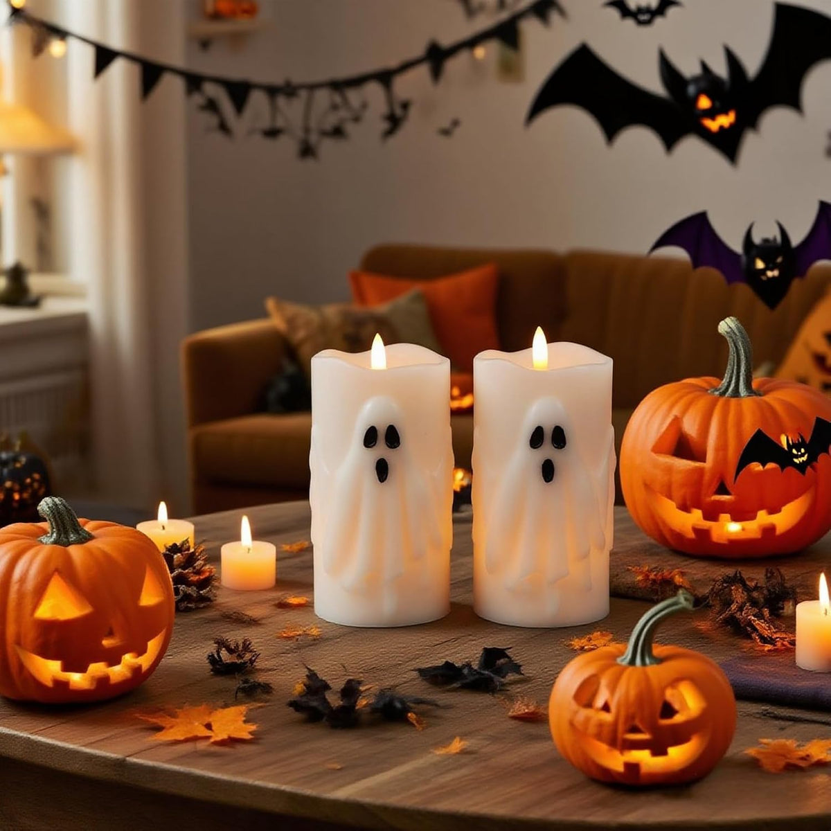 Halloween Ghost Flameless LED Pillar Candles with Remote Timer | Realistic 3D Wick Flickering, Real Wax Ghost Relief Long Lasting, Cute Spooky Halloween Indoor Decor, 3"D X 6.5"H, 2 Pack