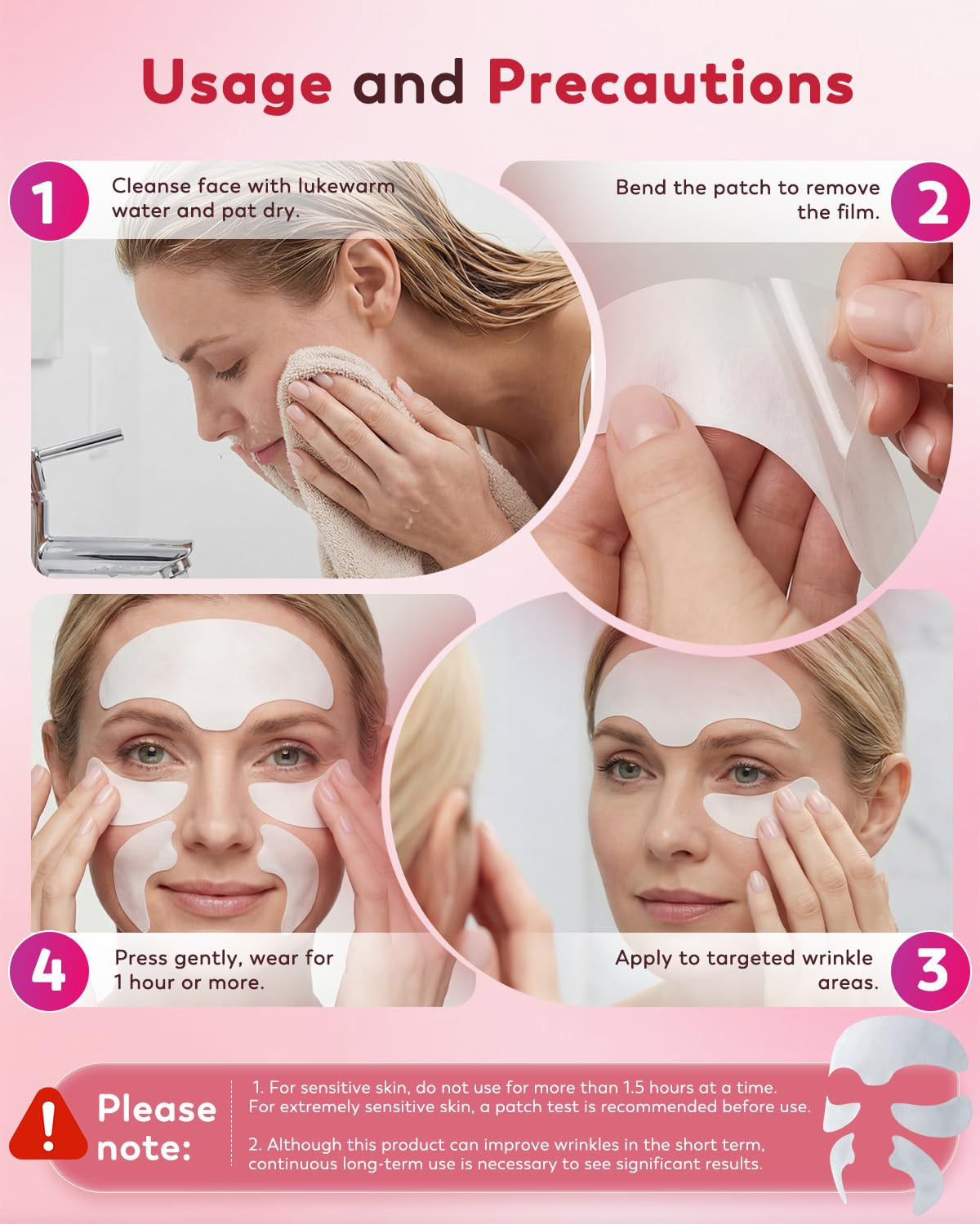 3 in 1 Facial Wrinkle Patches, Forehead & Smile Lines Patches with Collagen, Hyaluronic Acid & Niacinamide, Overnight under Eye Hydrogel Treatment to Smooth Fine Lines, 60 Patches