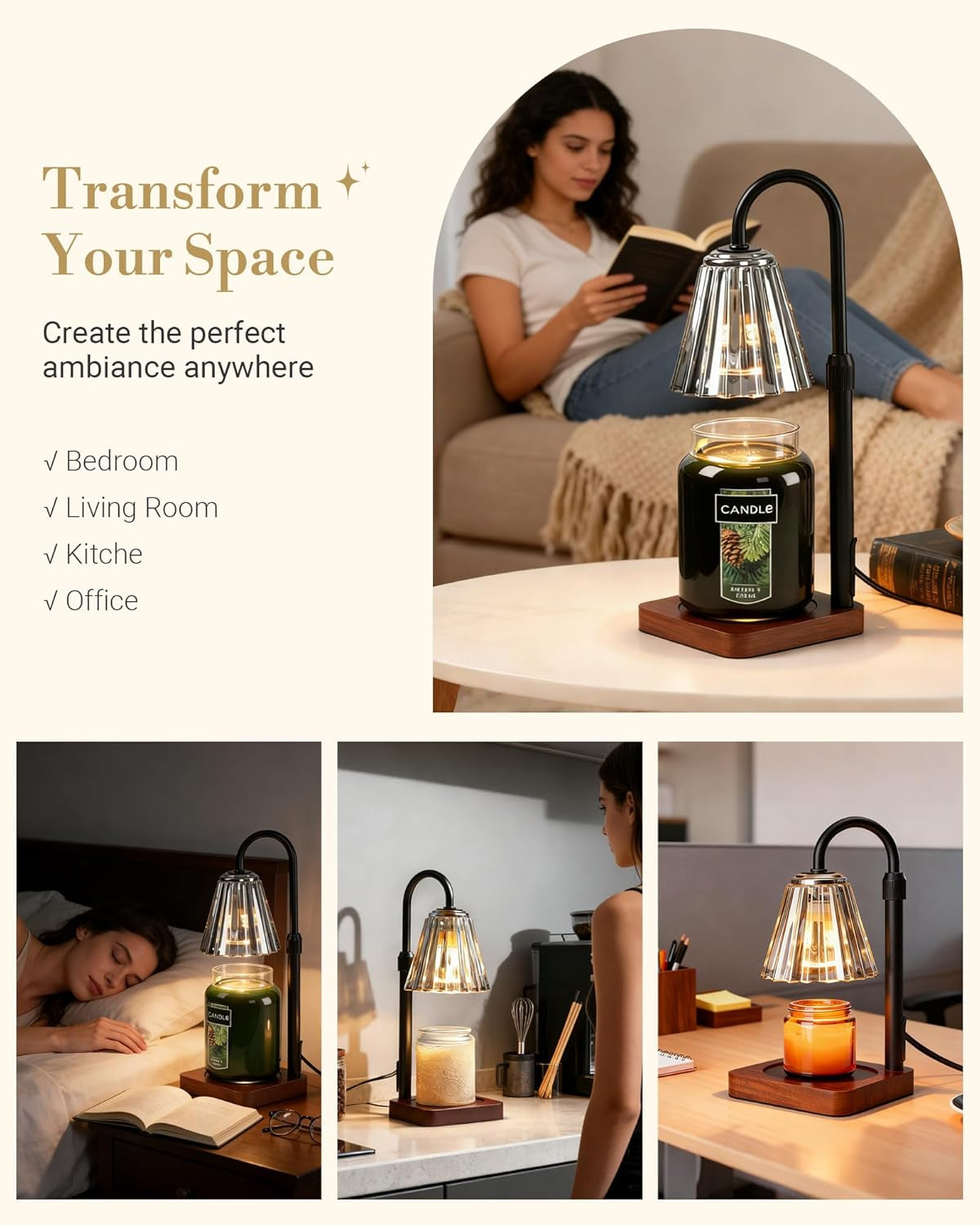 Black Candle Warmer Lamp with Timer, Vintage Wax Warmer Home Gifts | Dimmable Wax Melter with Adjustable Height Birthday Gifts for Women, Mom Thanksgiving Gifts Aesthetic Office Room Home Decor
