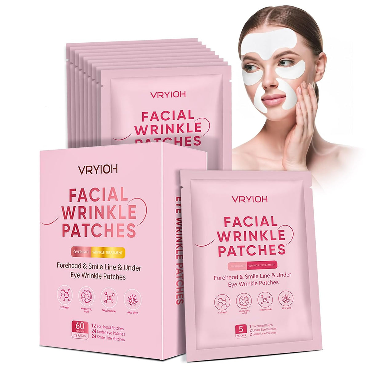 3 in 1 Facial Wrinkle Patches, Forehead & Smile Lines Patches with Collagen, Hyaluronic Acid & Niacinamide, Overnight under Eye Hydrogel Treatment to Smooth Fine Lines, 60 Patches