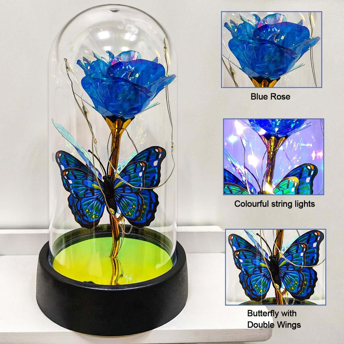 Glass Rose in Glass Dome, Light up Led Flower, Blue Butterfly Gifts | Glass Rose, Forever Roses, Light up Flowers, Valentines Day Gifts, Mothers Day Rose Gift for Mom, Women Birthday Gifts