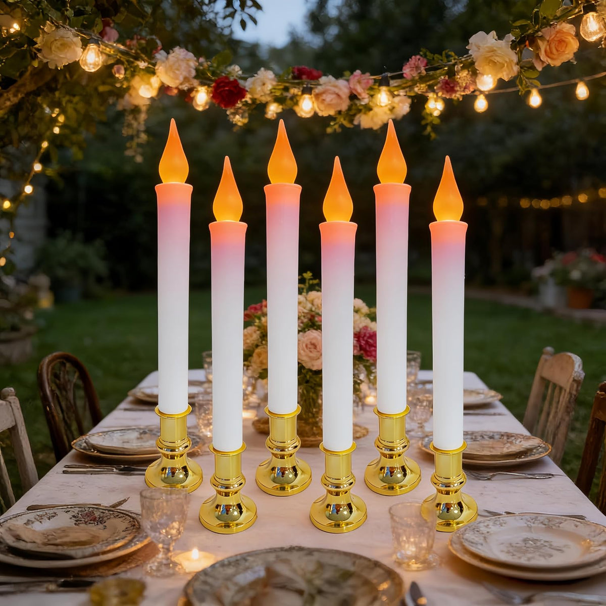 6 Pack 9" Gold Base LED Candle Lights with Dusk to Dawn Sensor, Battery Powered Flameless Candles for Indoor Table Party Decor