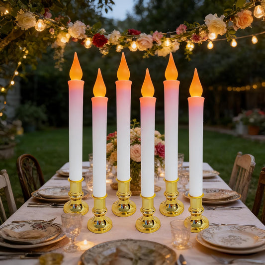6 Pack 9" Gold Base LED Candle Lights with Dusk to Dawn Sensor, Battery Powered Flameless Candles for Indoor Table Party Decor