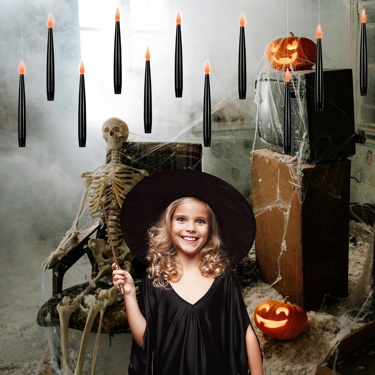 Floating Candles with Wand, Halloween Magic Flameless Candles | 10 Pack Magic Hanging Candles, Black Flameless Taper Candles with Wand Remote, Halloween Battery Candlesticks