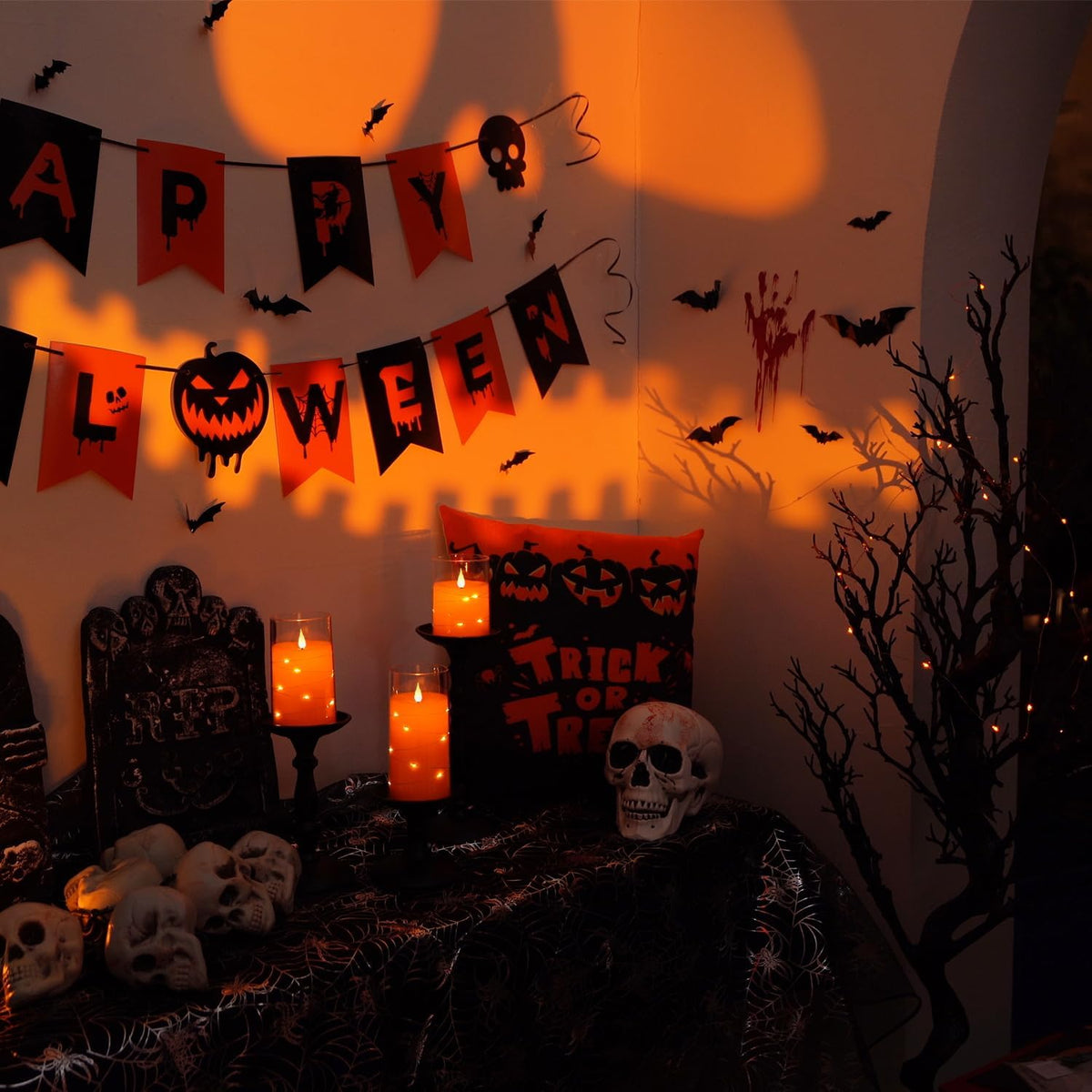 Halloween Orange Flameless Candles with String Lights, Battery Operated LED Candles with Remote and Timer, Candles for Halloween Decoration, Fall, Harvest Festival