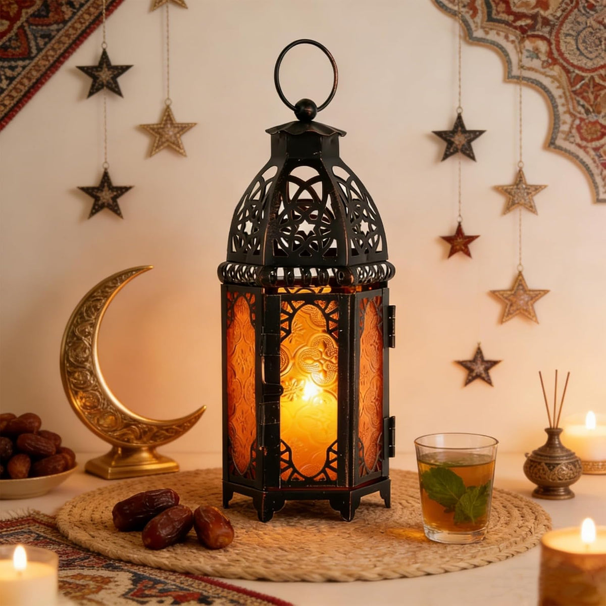 Ramadan Lanterns Decorative Indoor & Outdoor, 11’’ Medium Size Vintage Metal Hanging&Tabletop Candle Holder Decor, Halloween Christmas Moroccan Decorations for Home Porch Patio (Amber)