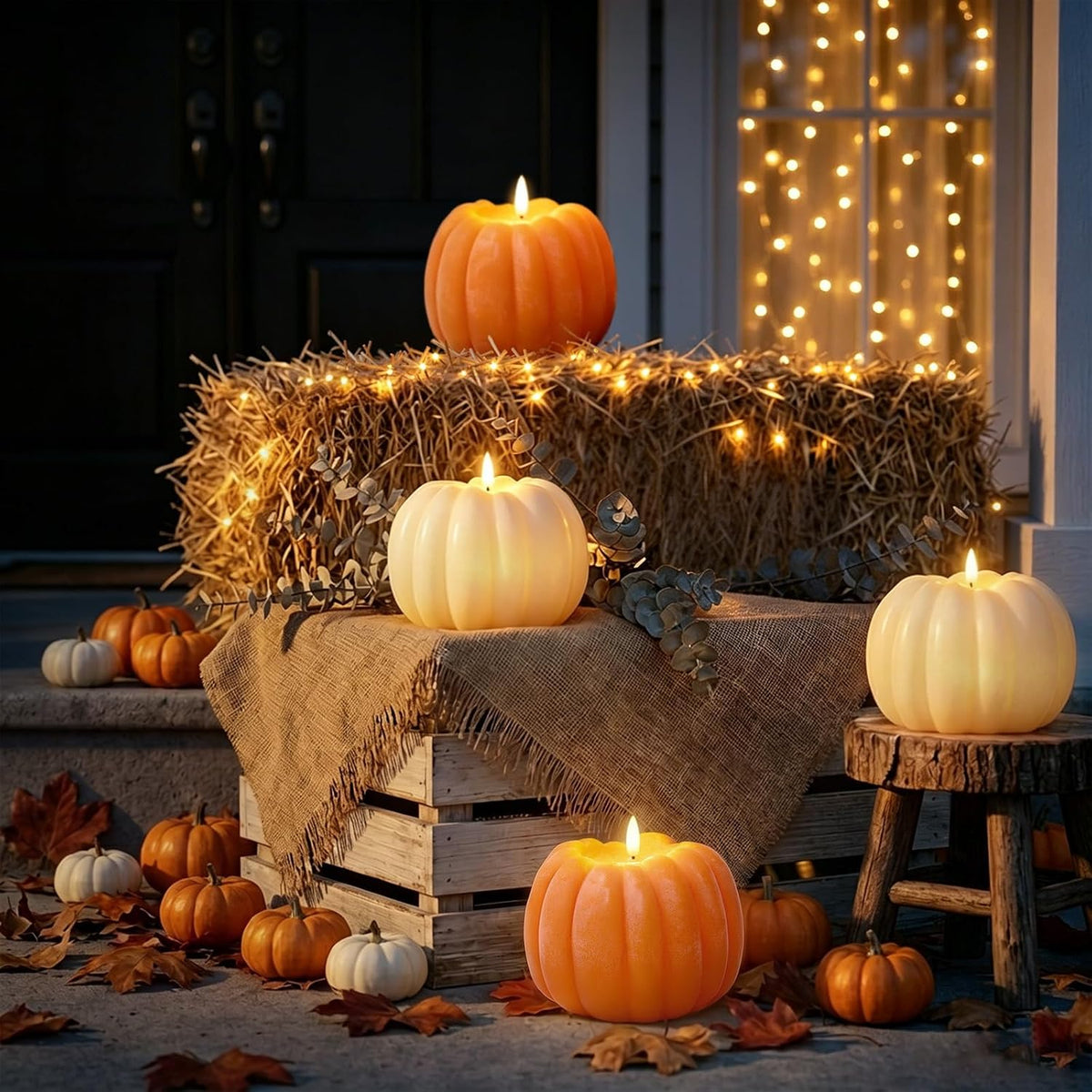 Fall Decorations for Home, Flameless Pumpkin Candle, Orange, White, 2Pack | Fall Decor for Thanksgiving, Halloween, Farmhouse, Table, Room, Kitchen, Wax, Remote, Timer, Battery Operated, 5.3"D, 5.1"H