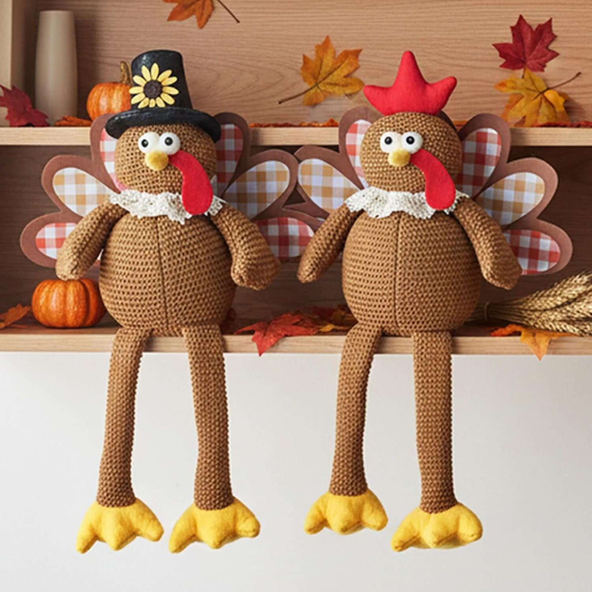 Christmas Decorations Set of 2 Turkeys with Dangling Legs, Turkey Couple Doll Plush Kit Tabletop Centerpieces for Fall Harvest Home Decor Kitchen Shelf (Brown)