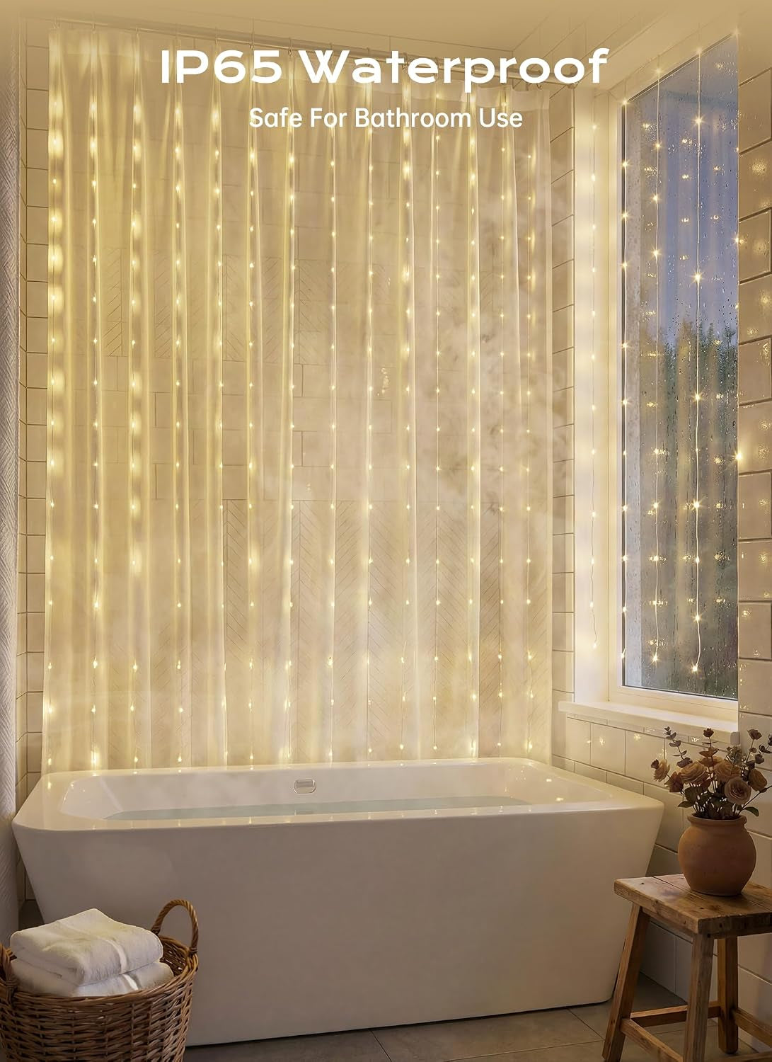 180 LED Shower Curtain Lights, 70 Inch Warm White IP65 Waterproof | 8 Modes Warm White Battery Operated Fairy String Lights for Bathroom Spa Mood Lighting for Dark Bathrooms and Outdoor Decor