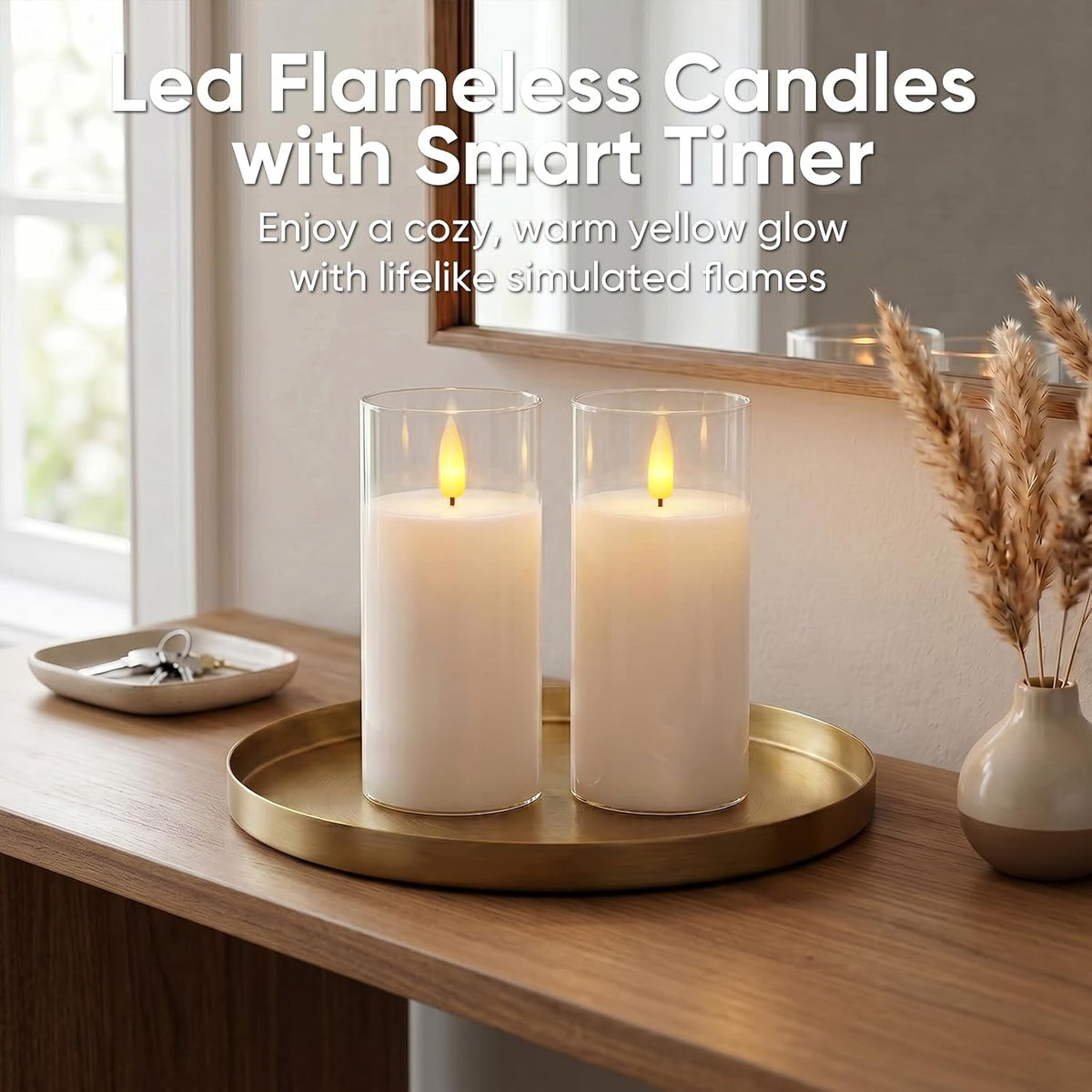 Clear Glass Flameless Candles, 3D Wick Real Wax LED Pillar Set of 2 | Remote Timer Control with Warm Flickering Glow, Pure White Led Pillar Candles Create Cozy Decor for Wedding, Christmas & Home