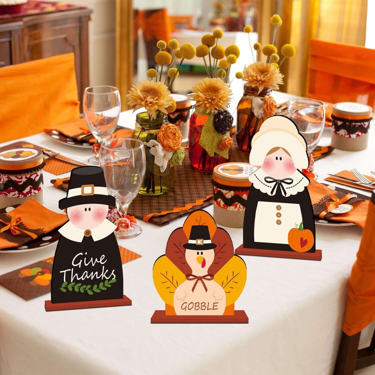 3Pcs Thanksgiving Decorations Wooden Table Centerpiece Thanksgiving Table Decorations Turkey Pilgrim Couple Table Topper for Autumn Harvest Party Home Office Tiered Tray Decor