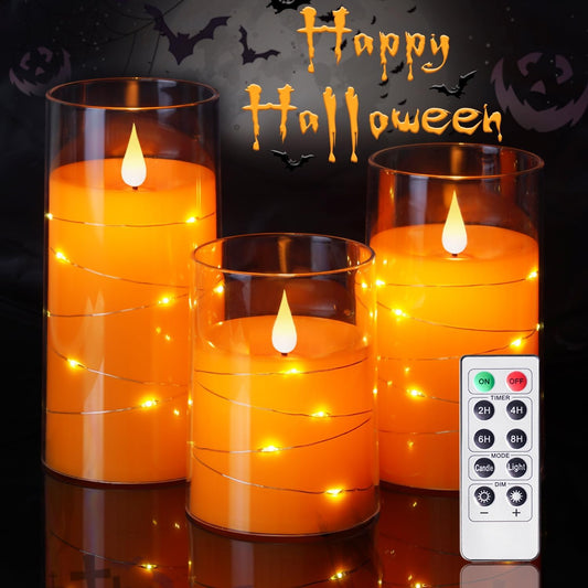 Halloween Orange Flameless Candles with String Lights, Battery Operated LED Candles with Remote and Timer, Candles for Halloween Decoration, Fall, Harvest Festival