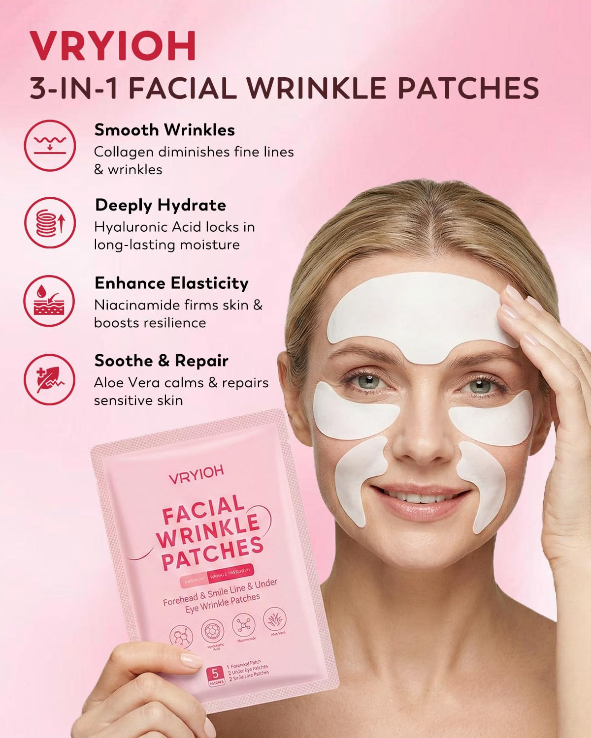 3 in 1 Facial Wrinkle Patches, Forehead & Smile Lines Patches with Collagen, Hyaluronic Acid & Niacinamide, Overnight under Eye Hydrogel Treatment to Smooth Fine Lines, 60 Patches