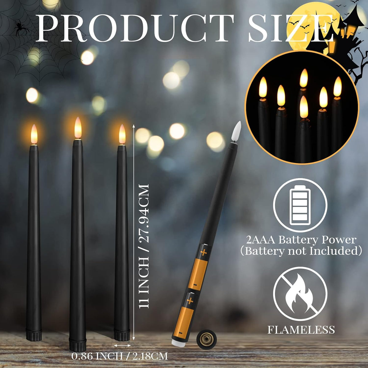 24 Packs Flameless Taper Candles Battery LED 11",Black | Fake Candlelight Flameless Candlesticks Flickering Tapered for Weddings, Parties, Decor, Summer Fall Event
