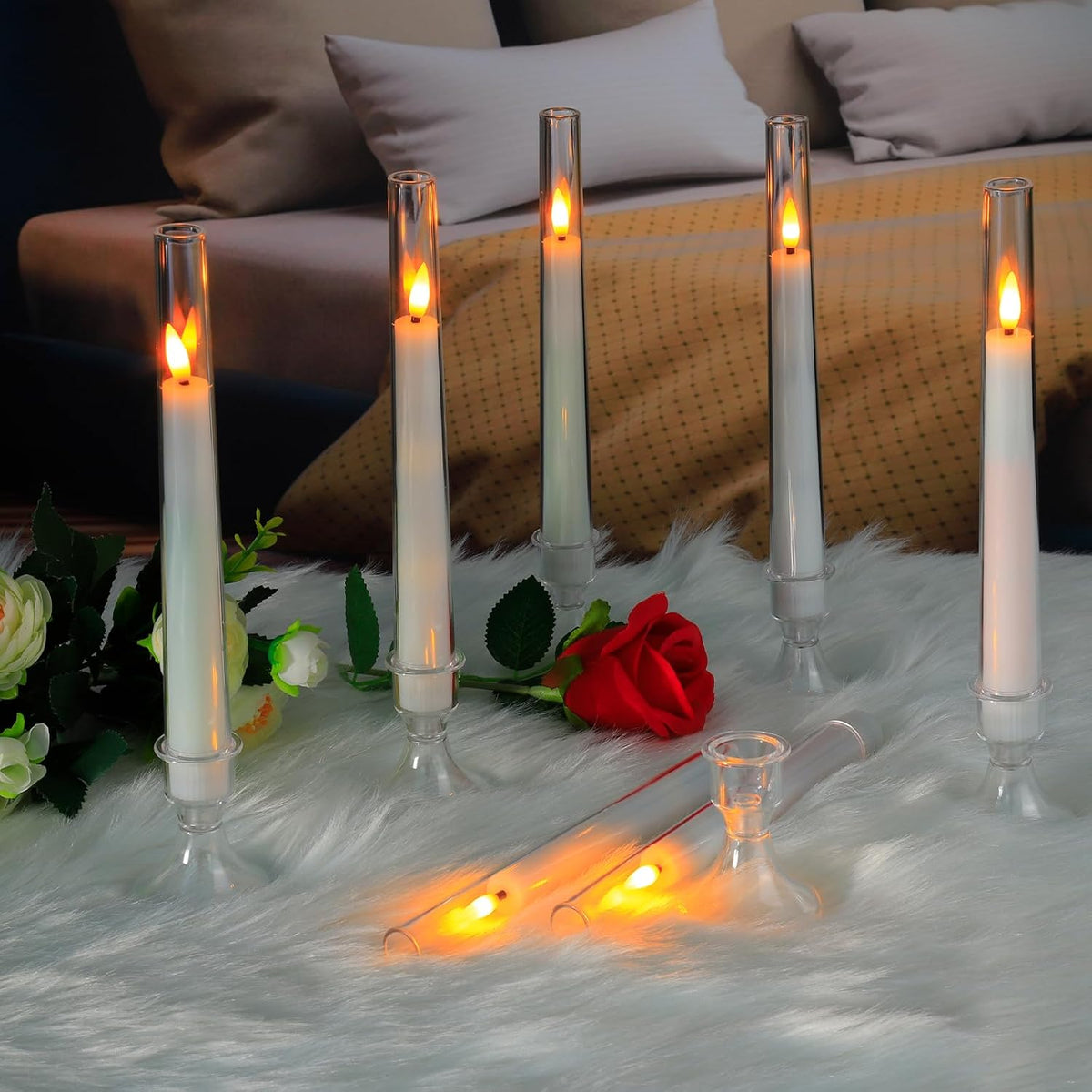 12PC Flameless Taper Candles - LED Candles, Flickering Design with Base, Perfect for Home, Windows，Decoration，Weddings, Parties (White)