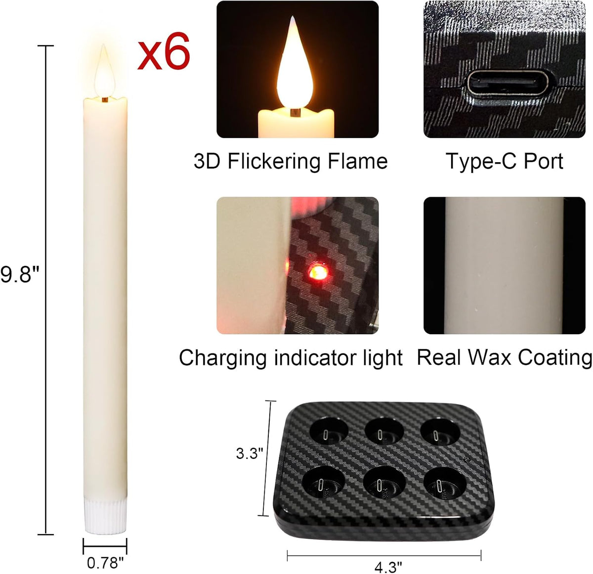 Rechargeable Flameless Taper Candles Charging Base & 2 Remote Ivory | LED Candles Battery Operated, Real Wax Rechargeable Candlesticks, Christmas Wedding Party Home Decor, 6 Pack, 0.78 X 9.8 In