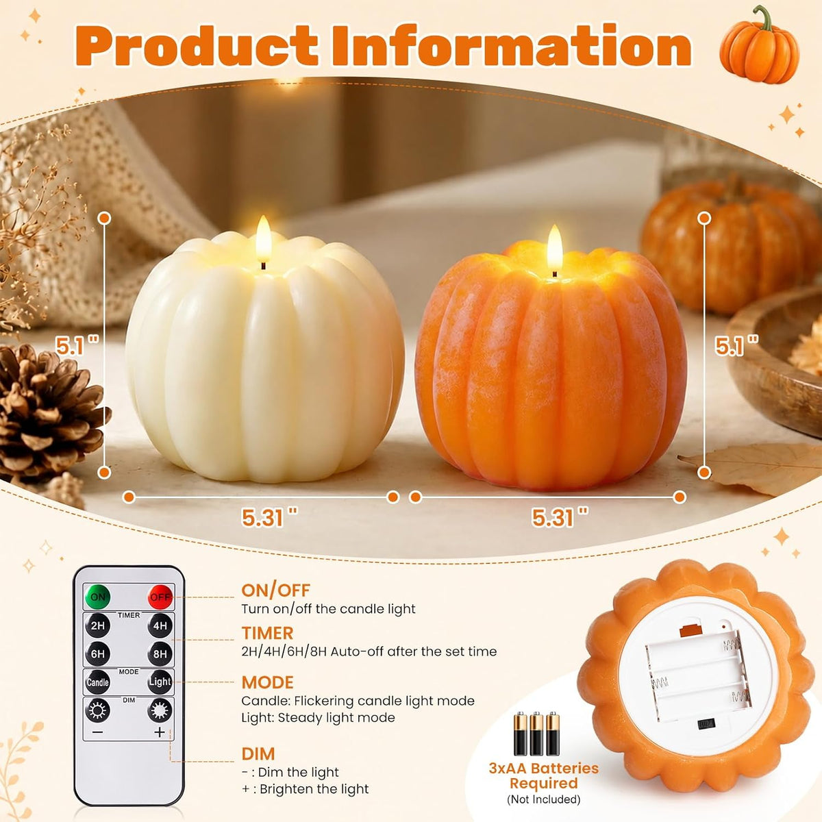 Fall Decorations for Home, Flameless Pumpkin Candle, Orange, White, 2Pack | Fall Decor for Thanksgiving, Halloween, Farmhouse, Table, Room, Kitchen, Wax, Remote, Timer, Battery Operated, 5.3"D, 5.1"H
