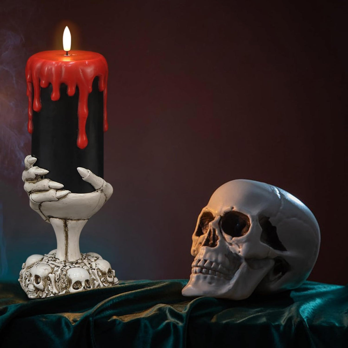 Black Flameless Pillar Candle Battery Operated with 6 Hour Timer | 3D Wick Flickering LED Candles, Blood Dripping Wax, Skeleton Hand Holder, Halloween Indoor Table Decor, 4"D X 11"H