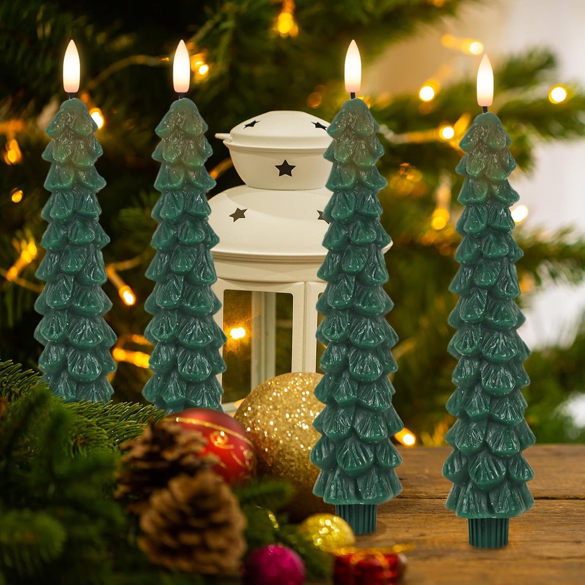 Christmas Tree Flameless Taper Candles Candlesticks Remote Timer | Green, Christmas Tree Candlesticks, Battery Operated Led Candle, Christmas Home Winter Decoration, 4 Pack, 0.78” X 9.8”