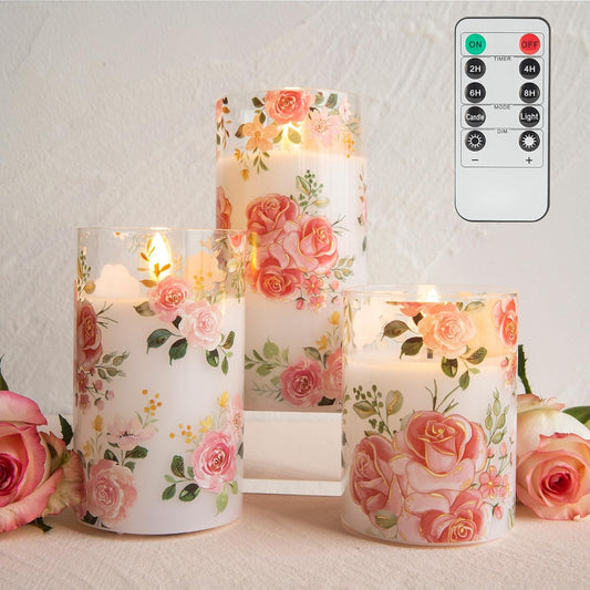 Flameless Rose Candles Glass, Pink Floral Battery Remote Candles | Romantic Pink Rose LED Candles Set of 3, Valentine'S Day Fake Battery Candles Gift Home Table Mantel Decor
