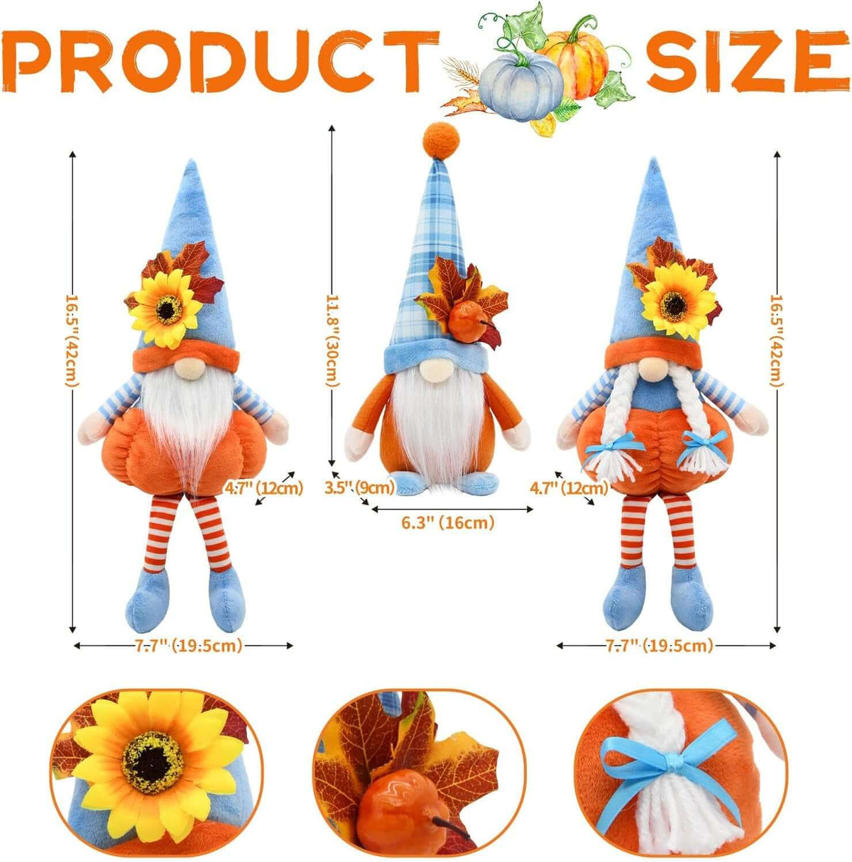 Fall Gnomes Decor,3 Packs Fall Pumpkin Gnomes Decorations for Home |  Fall Decoratiosn Fall Thanksgiving Table Centerpieces Decor Harvest Sunflower Pumpkin Decorations (H16.5Inch)