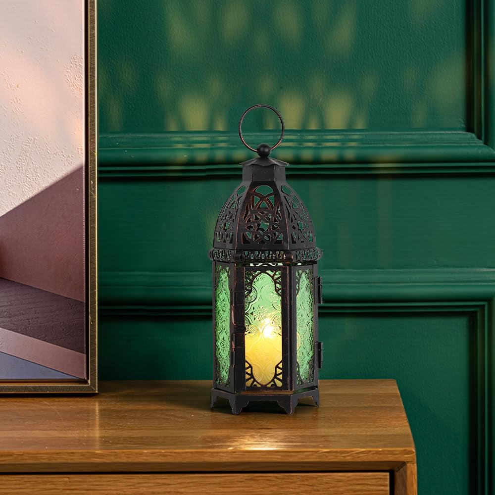 Christmas Decorations for Home, 11’’ Medium Size Vintage Metal Hanging&Tabletop Candle Holder Decor, Halloween Ramadan Decorations for Indoor Outdoor Porch Patio (Green)