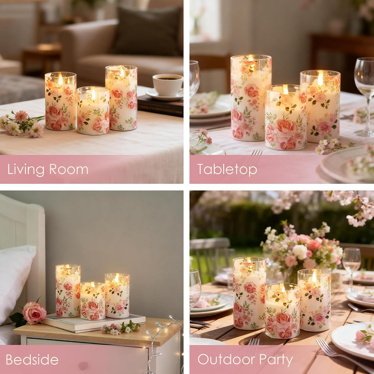 Flameless Rose Candles Glass, Pink Floral Battery Remote Candles | Romantic Pink Rose LED Candles Set of 3, Valentine'S Day Fake Battery Candles Gift Home Table Mantel Decor