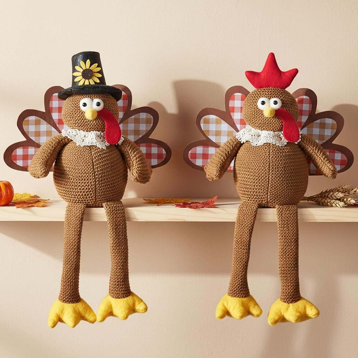 Christmas Decorations Set of 2 Turkeys with Dangling Legs, Turkey Couple Doll Plush Kit Tabletop Centerpieces for Fall Harvest Home Decor Kitchen Shelf (Brown)