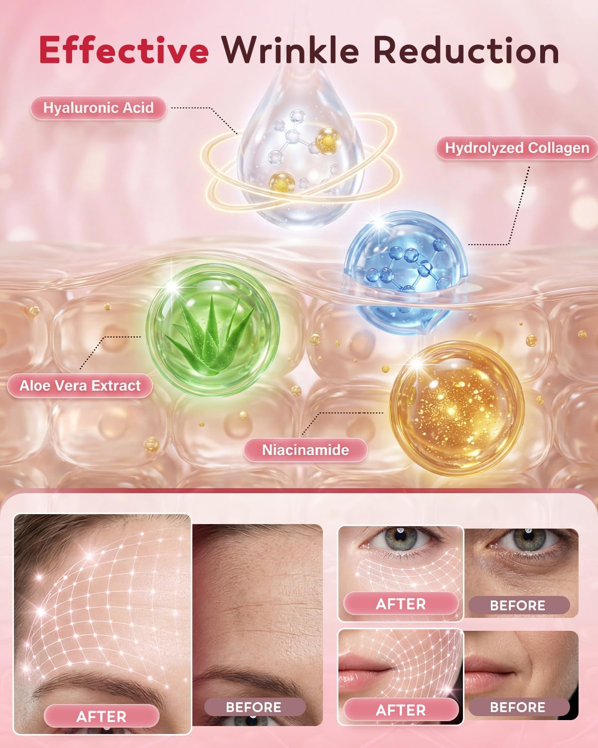 3 in 1 Facial Wrinkle Patches, Forehead & Smile Lines Patches with Collagen, Hyaluronic Acid & Niacinamide, Overnight under Eye Hydrogel Treatment to Smooth Fine Lines, 60 Patches
