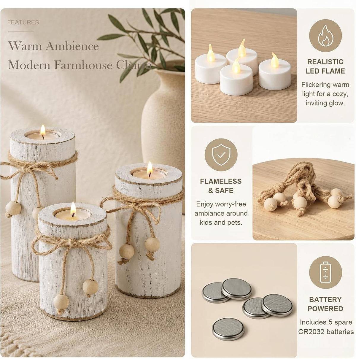 White Wooden Candle Holder with Flameless LED Candles Modern Boho Decor 3P | Farmhouse Centerpieces for Table 3-Pack with Battery Operated for Candles Holiday Party Home Decor